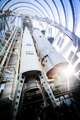 Thor Able and Blue Streak rockets in the Rocket Tower at the National Space Centre