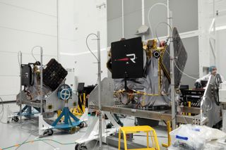 The EscaPADE identical dual spacecraft being inspected and processed at the Astrotech Space Operations Facility