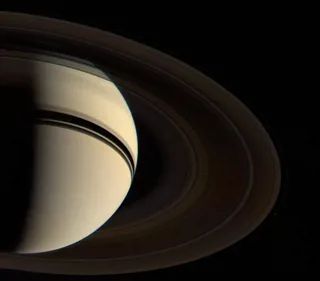 Voyager 2's view of Saturn as it flew past at a distance of 2.1 million miles